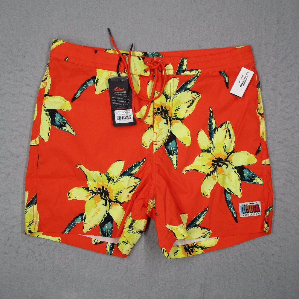 Deus Ex Machina Board Shorts Men 34 Orange Floral Tilly Havana Surf Beach